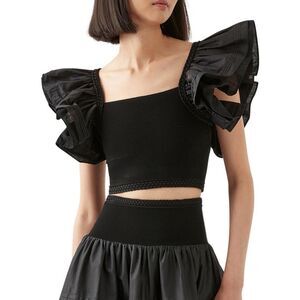 Aje. Corinne Ruffled Ribbed Crop Top - Black